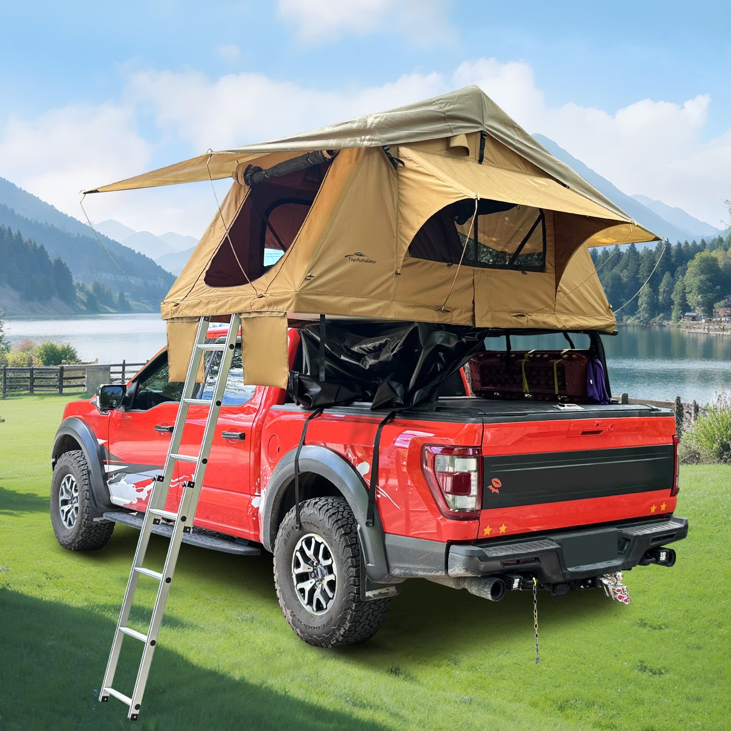 Rooftop Tent for SUV & Truck Camping – 800D Waterproof, Quick-Setup Design with Telescopic Ladder & LED Lighting for 2-3 Person Family Adventures