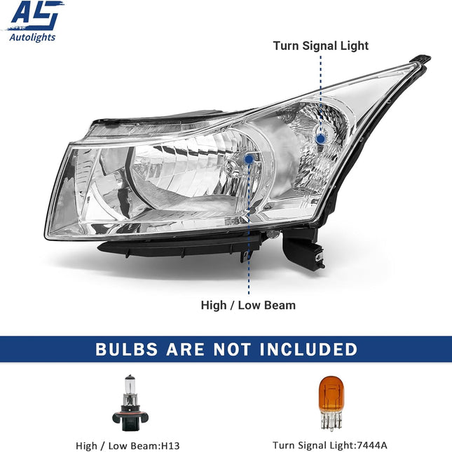 AS Headlight Assembly Compatible with 2011 2012 2013 2014 2015 Chevy Cruze LS/LT/LTZ 2016 Chevrolet Cruze Limited Chrome Housing Clear Reflector Headlamps