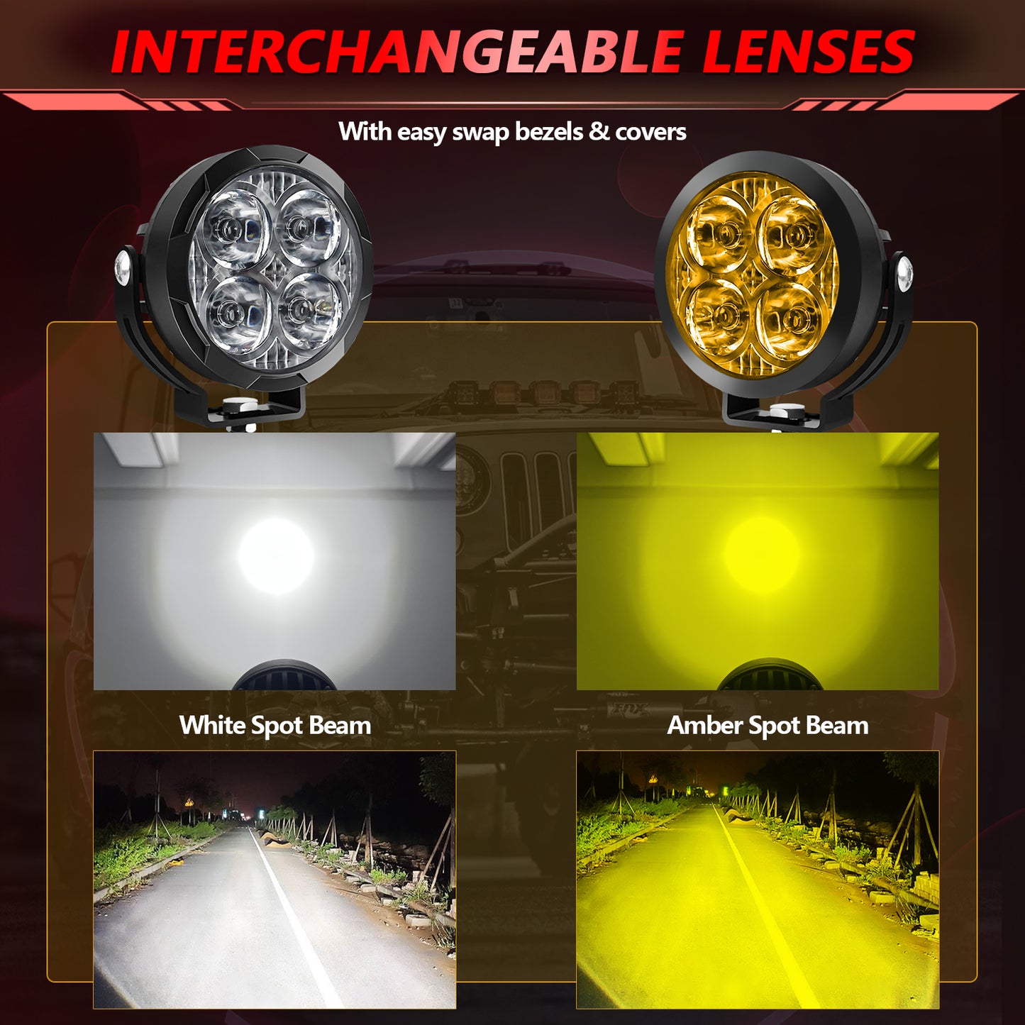 3 inch Led Pods Amber Fog Light White Off Road Driving Light Spot Offroad LED Round 80W 9600LM Ditch Light for Jeep ATV Wrangler Ford Truck Pickup, Pair