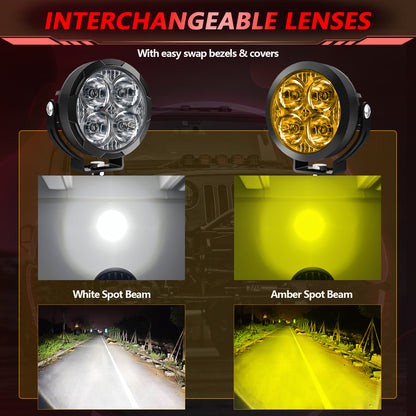 3 inch Led Pods Amber Fog Light White Off Road Driving Light Spot Offroad LED Round 80W 9600LM Ditch Light for Jeep ATV Wrangler Ford Truck Pickup, Pair
