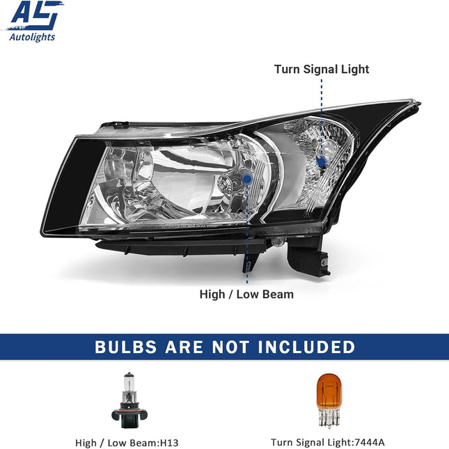 AS Headlight Assembly Compatible with 2011 2012 2013 2014 2015 Chevy Cruze LS/LT/LTZ 2016 Chevrolet Cruze Limited Matte Matte Black Housing Clear Reflector Headlamps