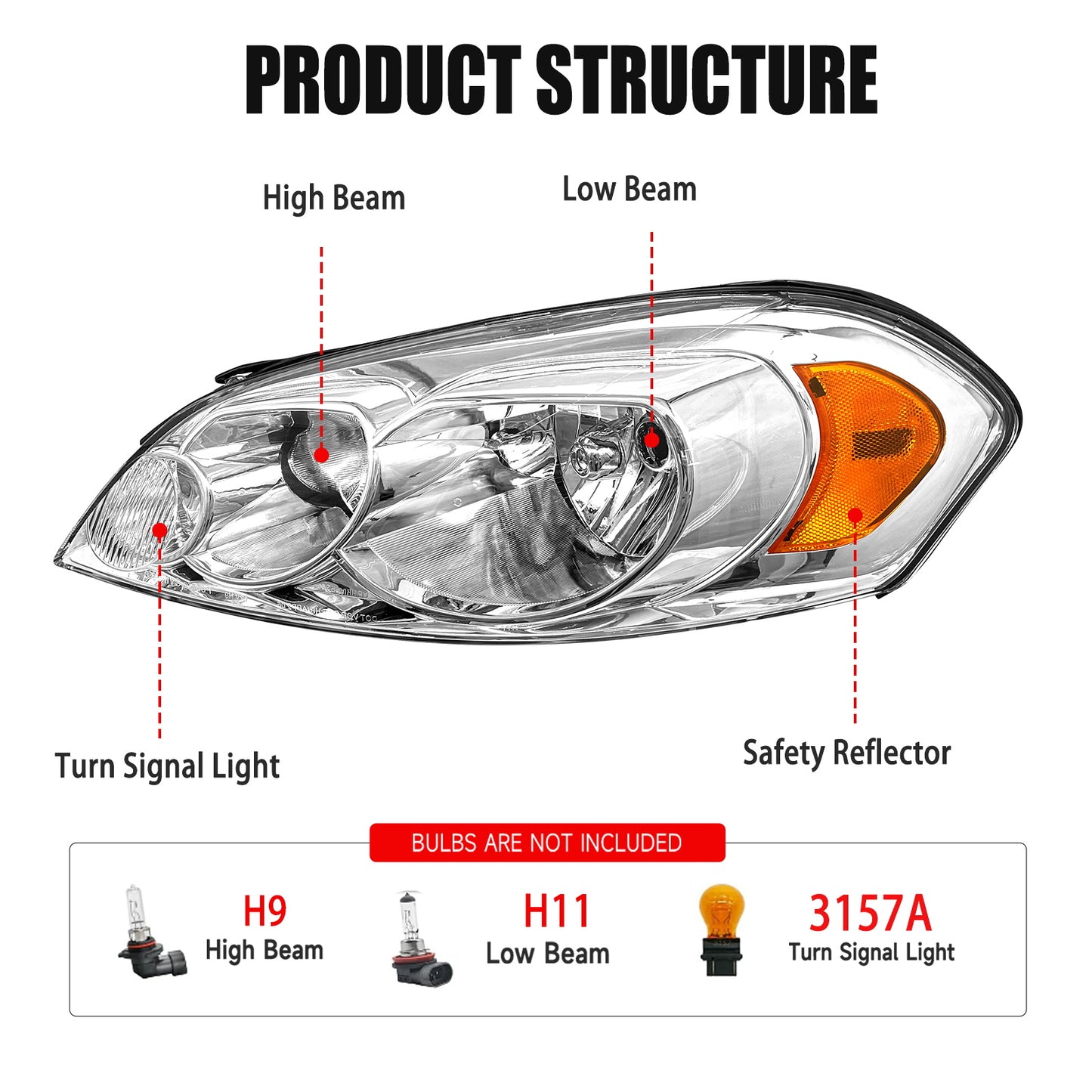 AS Headlight Assembly Compatible with 2006 2007 2008 2009 2010 2011 2012 2013 Chevy Impala 2006 2007 Chevy Monte Carlo Headlights Chrome Housing Amber Reflector Driver and Passenger Side Pair
