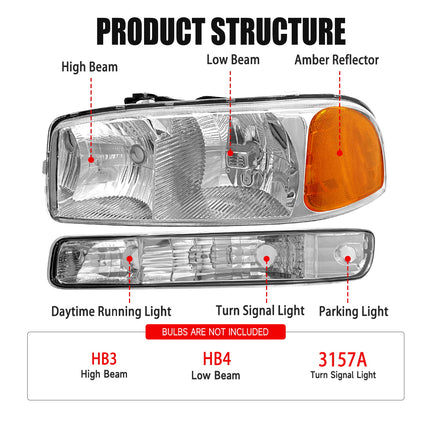 AS Headlights for 1999 2000 2001 2002 2003 2004 2005 2006 GMC Sierra Headlights for 99-06 Sierra 1500/ Sierra 2500 HD/3500 HD with Chrome Housing Amber Reflector Clear Lens Pair