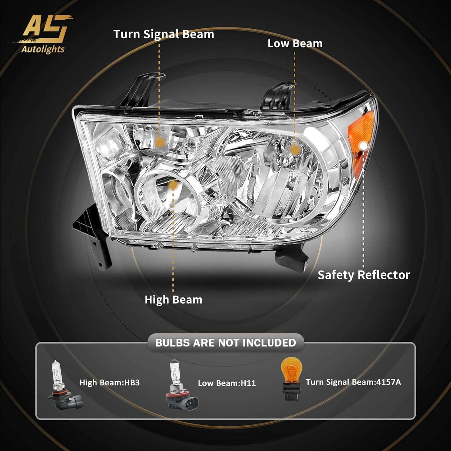 AS Headlights Assembly Compatible 2007 2008 2009 2010 2011 2012 2013 Toyota Tundra (W/o Headlight Leveling Models) /2008-2017 Toyota Sequoia Headlamp (12-14 Models Without Headlight Washer)