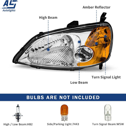 AS Headliaght Assembly Compatible with 01 01 03 2001 2002 2003 Honda Civic Headlamp with Chrome Housing Amber Reflector Driver and Passenger Side