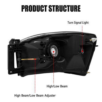 AS Headlight Assembly Compatible with 2006 2007 2008 Dodge Ram 1500/2006-2009 Dodge Ram 2500 3500 Chrome Housing Amber Reflector Driver Passenger Side