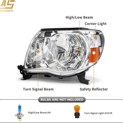 AS For Headlights 2005 2006 2007 2008 2009 2010 2011 Toyota Tacoma Driver and Passenger Side Headlamp Assembly Replacement Chrome Housing Amber Reflector