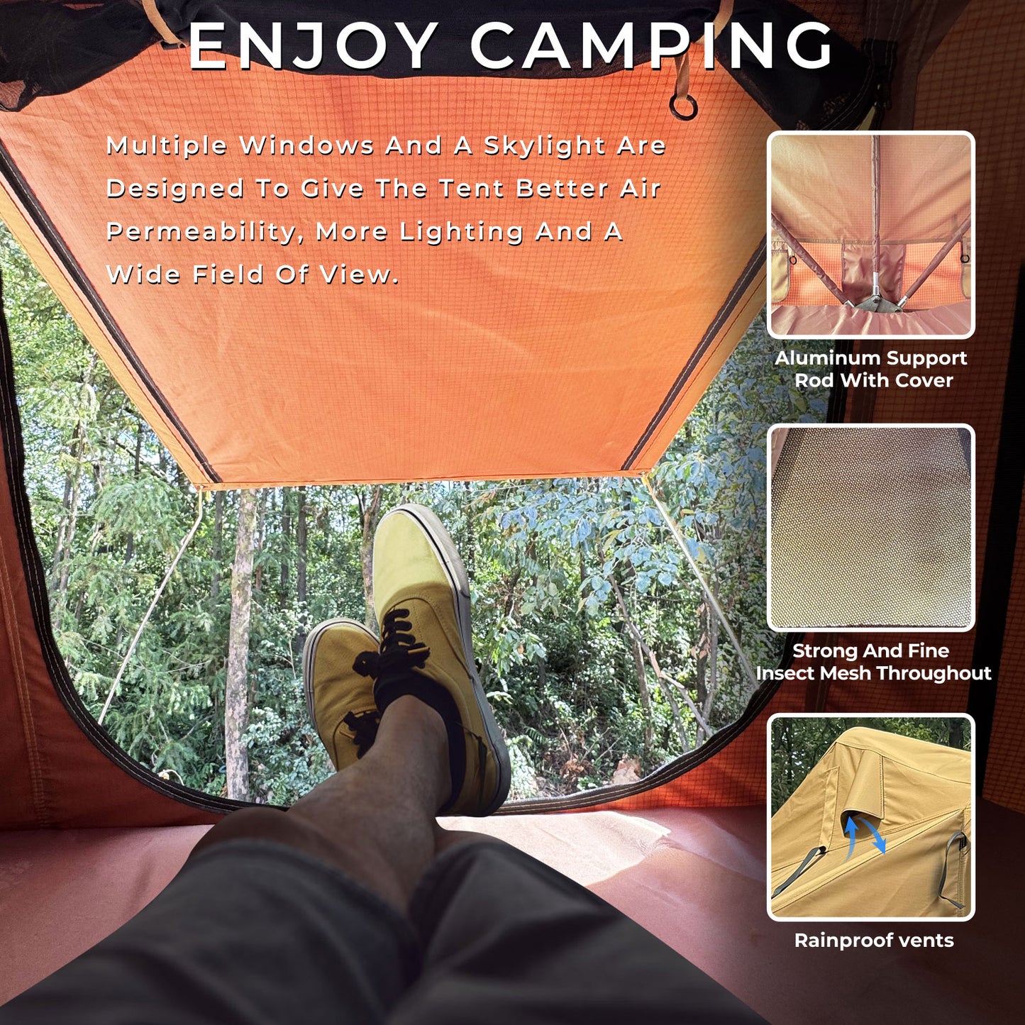 Rooftop Tent, 800D High Density Rip-Stop Waterproof with Telescopic Ladder Thick Mattress & LED Strip Light