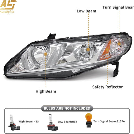 AS Headlight Assembly Compatible with 2006-2011 Honda Civic 4-Door Sedan fit for 2006 2007 2008 2009 2010 2011 Civic 4DR Headlamps Replacement Chrome Housing Amber Reflector