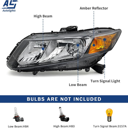 AS Headlight Assembly Compatible with 2012-2015 Honda Civic 4Dr Sedan/ 2012-2013 Honda Civic 2Dr Coupe Black Housing Amber Reflector (Except Hybrid Model) Left+Right Side Driver and Passenger Side