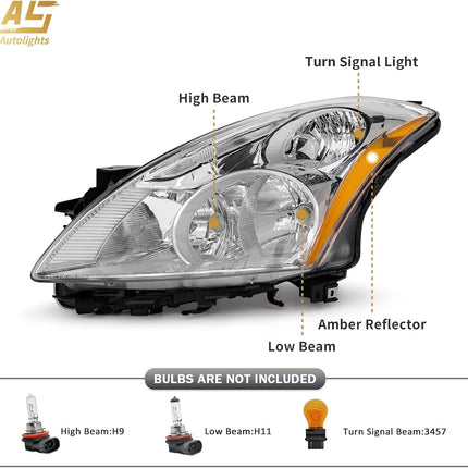 AS Headlight Compatible with 2010 2011 2012 Nissan Altima 4-Door Sedan Headlamp with Chrome Housing Amber Reflector Clear Lens Pair