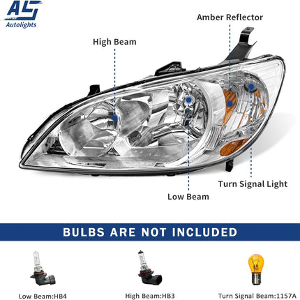 AS Headliaght Assembly Compatible with 04 05 2004 2005 Honda Civic Headlamp with Chrome Housing Amber Reflector Driver and Passenger Side