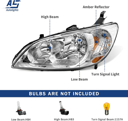 AS Headliaght Assembly Compatible with 04 05 2004 2005 Honda Civic Headlamp with Chrome Housing Amber Reflector Driver and Passenger Side
