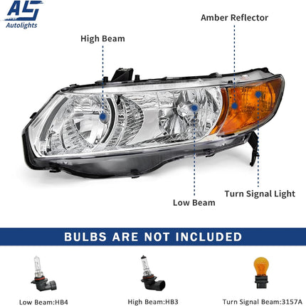 AS Headlight Assembly for 2006 2007 2008 2009 2010 2011 Honda Civic 2Door Coupe Headlamp Front Lamps Direct Replacement with Chrome Housing Amber Park Lens Driver and Passenger Side Pair