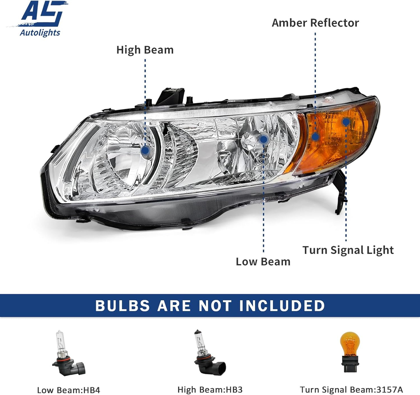 AS Headlight Assembly for 2006 2007 2008 2009 2010 2011 Honda Civic 2Door Coupe Headlamp Front Lamps Direct Replacement with Chrome Housing Amber Park Lens Driver and Passenger Side Pair