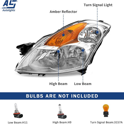 AS Headlight Assembly For 2007 2008 2009 Nissan Altima 4Dr Sedan Headlights With Amber Reflector Headlamp Replacement And Good Sealing,Automotive Headlight Assemblies With Chrome Housing