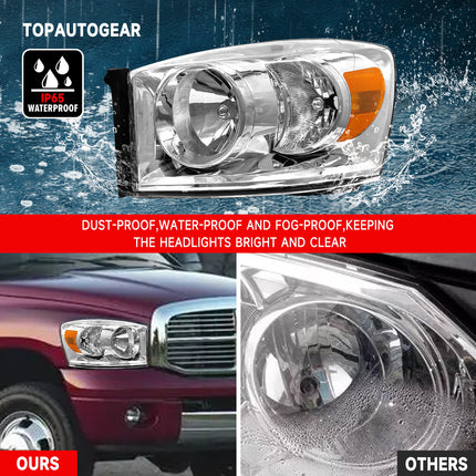 AS Headlight Assembly Compatible with 2006 2007 2008 Dodge Ram 1500/2006-2009 Dodge Ram 2500 3500 Chrome Housing Amber Reflector Driver Passenger Side