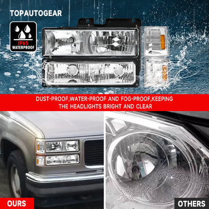 AS Headlight Assembly Compatible with 1994 1995 1996 1997 1998 GMC C10 Pick Up Sierra Suburban Yukon Chrome Housing with Amber Reflector Headlamp Replacement