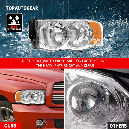 AS Headlights Assembly Compatible with 2002 2003 2004 2005 Dodge Ram 1500/03 04 05 Dodge Ram 2500/3500 Chrome Housing Amber Reflector Driver and Passenger Side Pair
