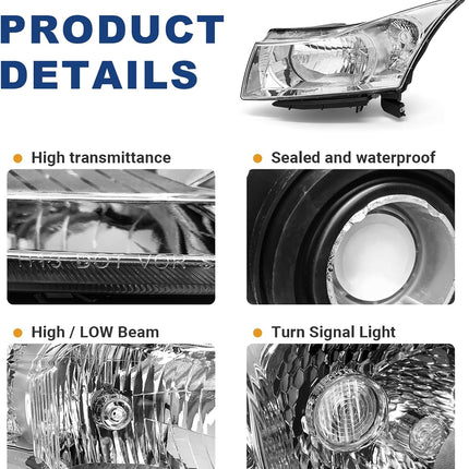 AS Headlight Assembly Compatible with 2011 2012 2013 2014 2015 Chevy Cruze LS/LT/LTZ 2016 Chevrolet Cruze Limited Chrome Housing Clear Reflector Headlamps