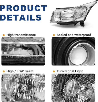 AS Headlight Assembly Compatible with 2011 2012 2013 2014 2015 Chevy Cruze LS/LT/LTZ 2016 Chevrolet Cruze Limited Chrome Housing Clear Reflector Headlamps