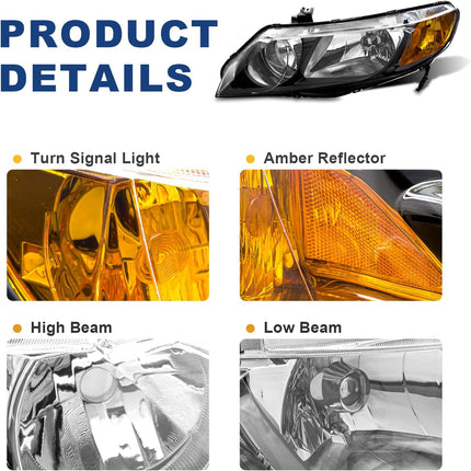 AS Headlight Assembly for 2006 2007 2008 2009 2010 2011 Honda Civic 4 Door Sedan Headlamp with Black Housing Amber Reflector Clear Park Lens Driver and Passenger Side Pair