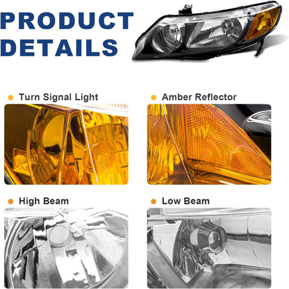 AS Headlight Assembly for 2006 2007 2008 2009 2010 2011 Honda Civic 4 Door Sedan Headlamp with Black Housing Amber Reflector Clear Park Lens Driver and Passenger Side Pair