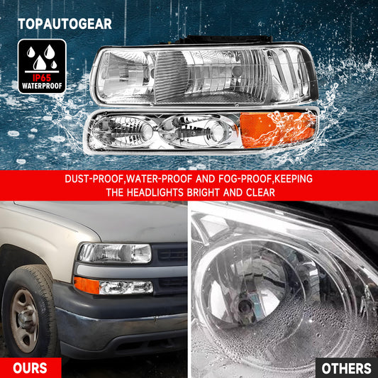 AS Headlight Assembly Compatible with 1999 2000 2001 2002 Chevy Silverado 1500 2500/2000-2006 Suburban 1500HD 2500HD Tahoe Headlamp withChrome Housing Amber Reflector Clear Lens