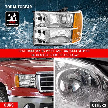 AS Headlights for 2007 2008 2009 2010 2011 2012 2013 GMC Sierra Headlights for 07-13 Sierra 1500/07 08 09 10 11 12 13 14 Sierra 2500 HD/3500 HD with Chrome Housing Amber Reflector Clear Lens Pair