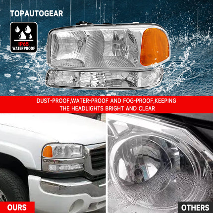 AS Headlights for 1999 2000 2001 2002 2003 2004 2005 2006 GMC Sierra Headlights for 99-06 Sierra 1500/ Sierra 2500 HD/3500 HD with Chrome Housing Amber Reflector Clear Lens Pair