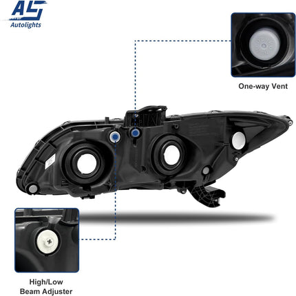 AS Headlight Assembly Compatible with 2012-2015 Honda Civic 4Dr Sedan/ 2012-2013 Honda Civic 2Dr Coupe Black Housing Amber Reflector (Except Hybrid Model) Left+Right Side Driver and Passenger Side