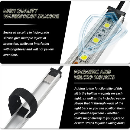 TopAutoGear 12V LED Interior Light Bar Kit Dimmable Camping String Lights Weatherproof IP67, Magnetic & Velcro Mounting, All-in-One Portable Lighting for RV, Camping Tent Car Trailer Boat, White 4Pcs