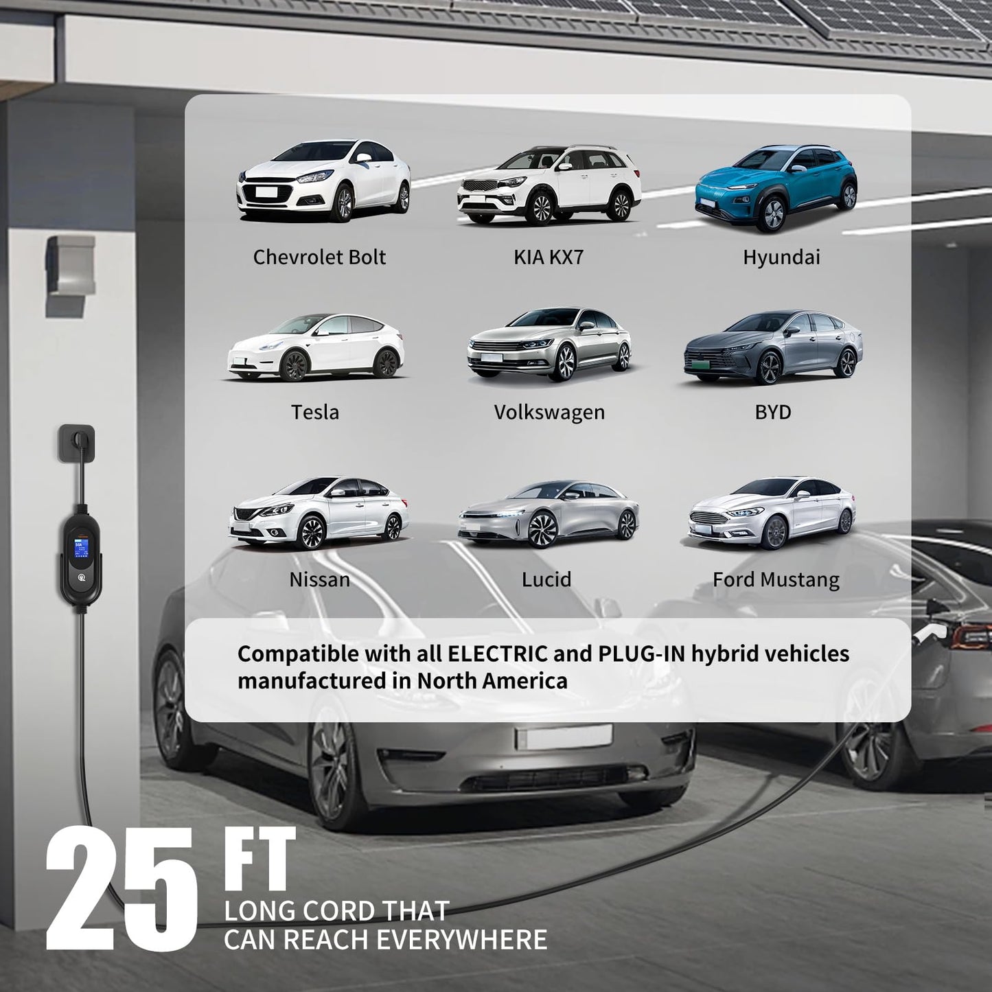 50 Amp Electric Vehicle Charger Level 2 Portable EV Charging Station with 25 FT Cord Super Fast Car Charging Station, NEMA14-50 with SAE J1772, Compatible Indoor/Outdoor