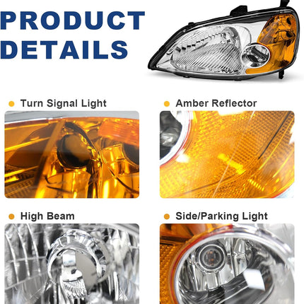 AS Headliaght Assembly Compatible with 01 01 03 2001 2002 2003 Honda Civic Headlamp with Chrome Housing Amber Reflector Driver and Passenger Side