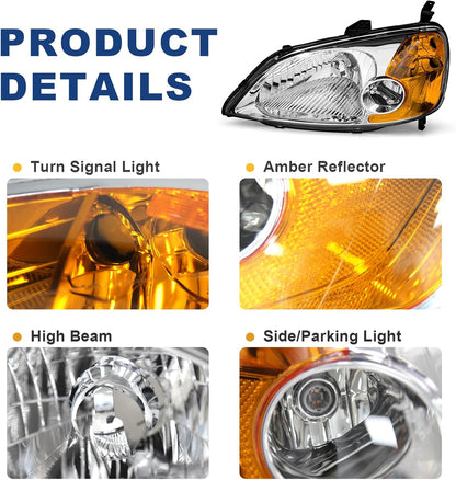 AS Headliaght Assembly Compatible with 01 01 03 2001 2002 2003 Honda Civic Headlamp with Chrome Housing Amber Reflector Driver and Passenger Side