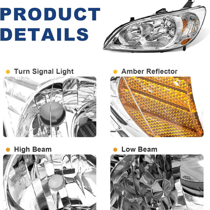 AS Headliaght Assembly Compatible with 04 05 2004 2005 Honda Civic Headlamp with Chrome Housing Amber Reflector Driver and Passenger Side
