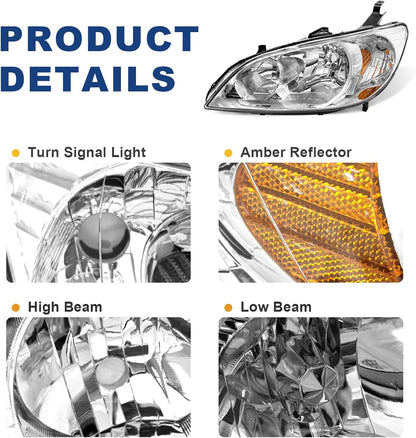AS Headliaght Assembly Compatible with 04 05 2004 2005 Honda Civic Headlamp with Chrome Housing Amber Reflector Driver and Passenger Side