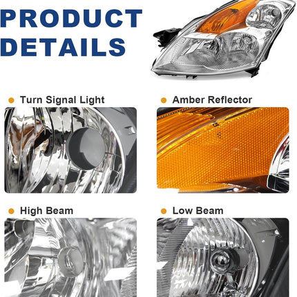 AS Headlight Assembly For 2007 2008 2009 Nissan Altima 4Dr Sedan Headlights With Amber Reflector Headlamp Replacement And Good Sealing,Automotive Headlight Assemblies With Chrome Housing