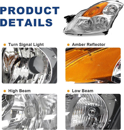 AS Headlight Assembly For 2007 2008 2009 Nissan Altima 4Dr Sedan Headlights With Amber Reflector Headlamp Replacement And Good Sealing,Automotive Headlight Assemblies With Chrome Housing
