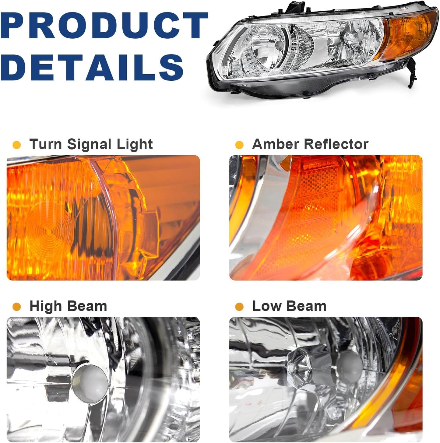 AS Headlight Assembly for 2006 2007 2008 2009 2010 2011 Honda Civic 2Door Coupe Headlamp Front Lamps Direct Replacement with Chrome Housing Amber Park Lens Driver and Passenger Side Pair