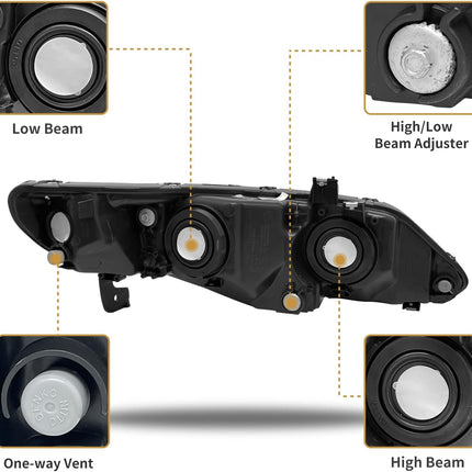 AS Headlight Assembly Compatible with 2006-2011 Honda Civic 4-Door Sedan fit for 2006 2007 2008 2009 2010 2011 Civic 4DR Headlamps Replacement Chrome Housing Amber Reflector