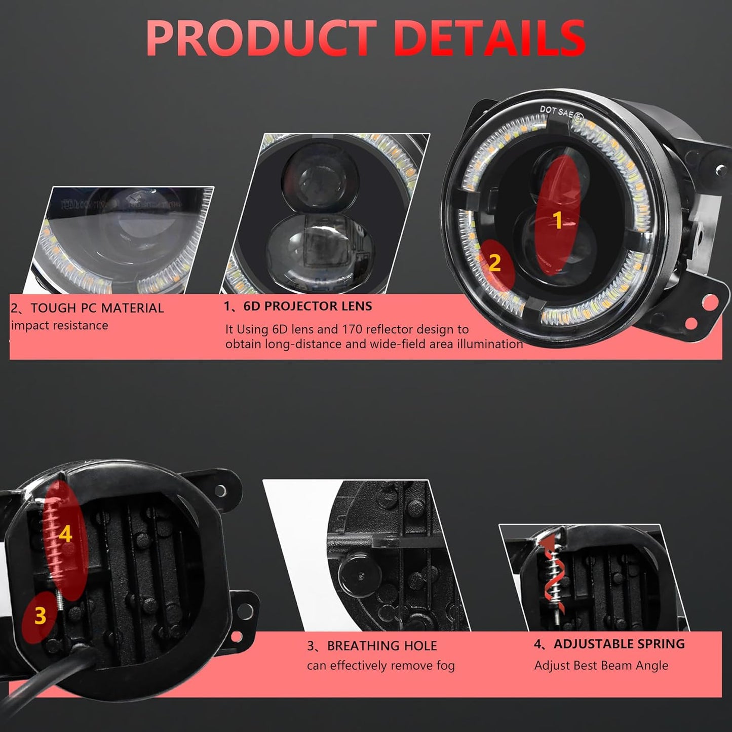 TopAutoGear 4-Inch LED Fog Lights 60W High-Intensity Off-Road Fog Lamp for Driving [ DOT] Compatible with 2007-2018 Jeep Wrangler Unlimited JK