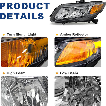AS Headlight Assembly Compatible with 2012-2015 Honda Civic 4Dr Sedan/ 2012-2013 Honda Civic 2Dr Coupe Black Housing Amber Reflector (Except Hybrid Model) Left+Right Side Driver and Passenger Side