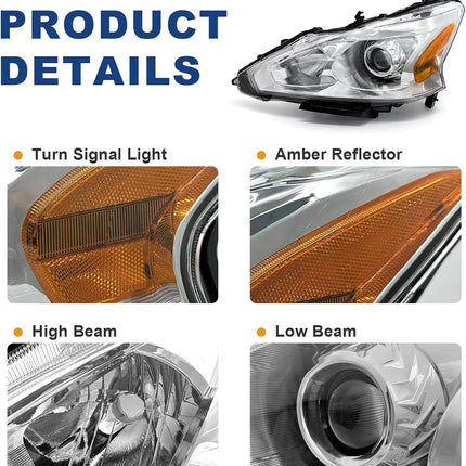 AS AUTOLIGHTS compatible with 2013 2014 2015 Altima Sedan Headlights Assembly Replacement for 13 14 15 Nissan Altima Sedan 4 DOOR with Chrome Housing Amber Reflector Clear Lens