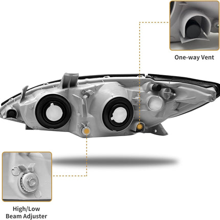 AS Headlight Assembly Compatible with 2002 2003 2004 TOYOTA CAMRY Headlight Chrome Housing Amber Reflector Clear Lens Driver and Passenger Side Pair Not Fit Solora Models