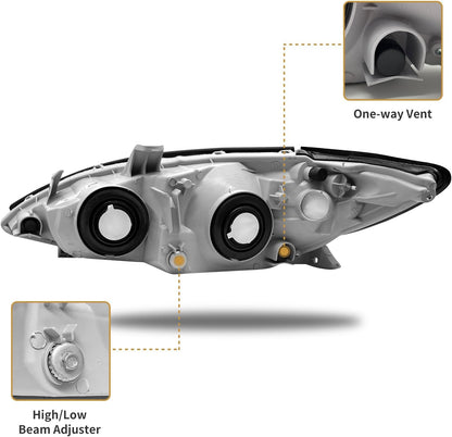 AS Headlight Assembly Compatible with 2002 2003 2004 TOYOTA CAMRY Headlight Chrome Housing Amber Reflector Clear Lens Driver and Passenger Side Pair Not Fit Solora Models