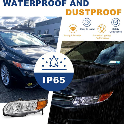 AS Headlight Assembly for 2006 2007 2008 2009 2010 2011 Honda Civic 2Door Coupe Headlamp Front Lamps Direct Replacement with Chrome Housing Amber Park Lens Driver and Passenger Side Pair