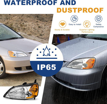 AS Headliaght Assembly Compatible with 01 01 03 2001 2002 2003 Honda Civic Headlamp with Chrome Housing Amber Reflector Driver and Passenger Side