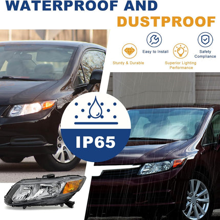 AS Headlight Assembly Compatible with 2012-2015 Honda Civic 4Dr Sedan/ 2012-2013 Honda Civic 2Dr Coupe Black Housing Amber Reflector (Except Hybrid Model) Left+Right Side Driver and Passenger Side