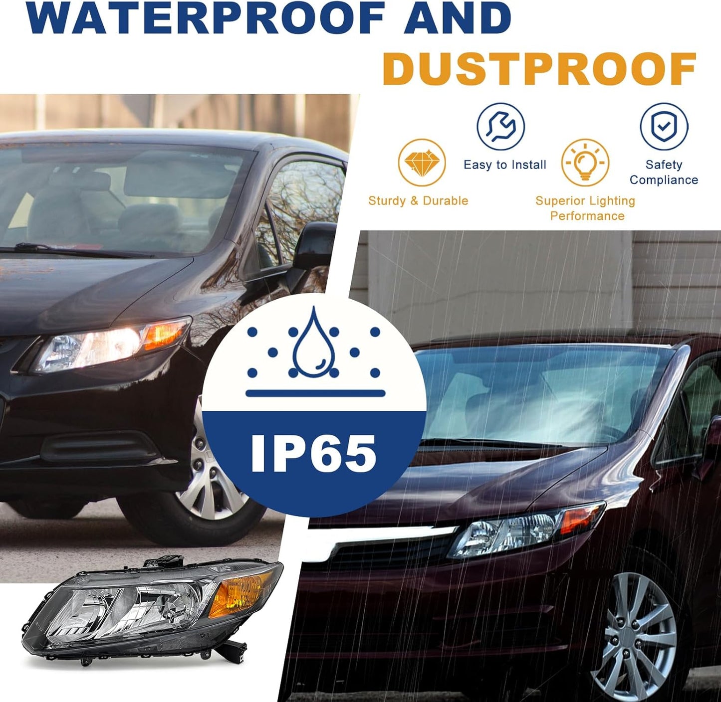 AS Headlight Assembly Compatible with 2012-2015 Honda Civic 4Dr Sedan/ 2012-2013 Honda Civic 2Dr Coupe Black Housing Amber Reflector (Except Hybrid Model) Left+Right Side Driver and Passenger Side